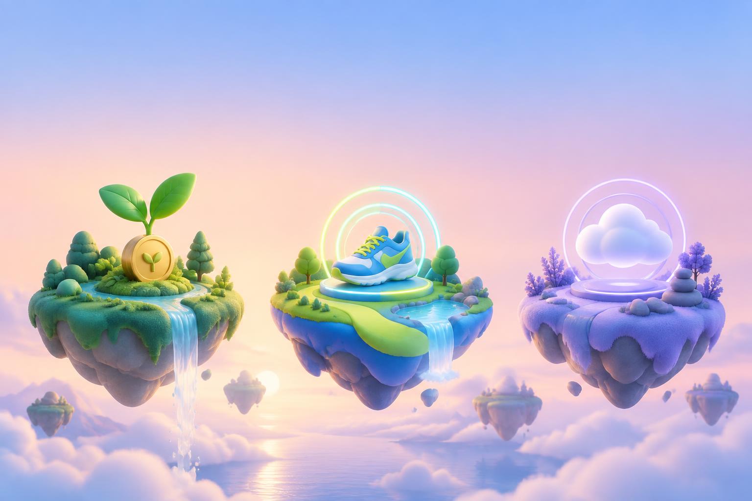 Three floating wellbeing islands: a plant growing from a gold coin, a sneaker with activity rings, and a soft cloud with breathing rings